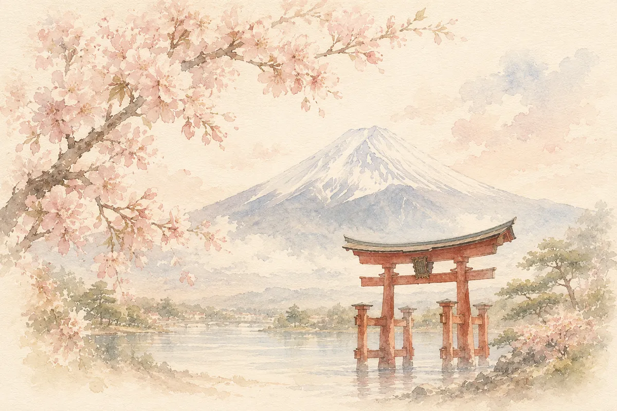 Illustrazione ad acquerello del Monte Fuji con un torii e fiori di ciliegio